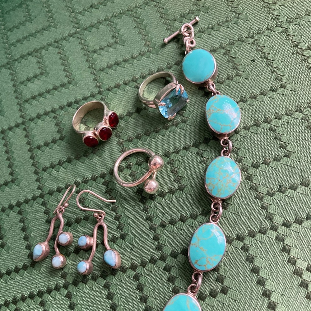sterling silver jewelry lot used turquoise, garnet, aquamarine..
